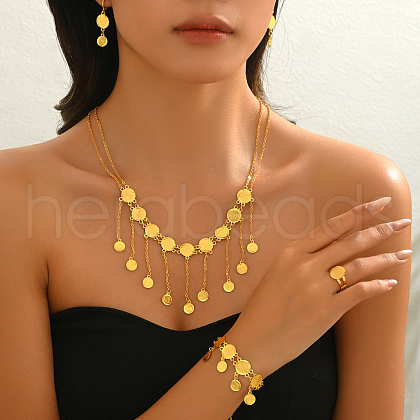 Elegant Middle Eastern Brass Coin Tassels Bracelets & Earrings & Necklaces & Rings Set for Women TA2928-1