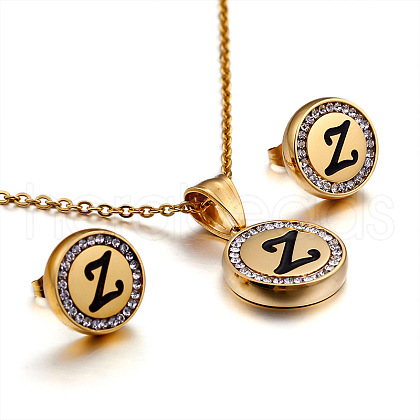 Flat Round with Letter Pattern 304 Stainless Steel Crystal Rhinestone Pendant Necklace & Stud Earring FS-WG33EDD-26-1