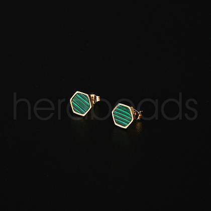 Synthetic Malachite Hexagon Stud Earrings HM7952-1-1