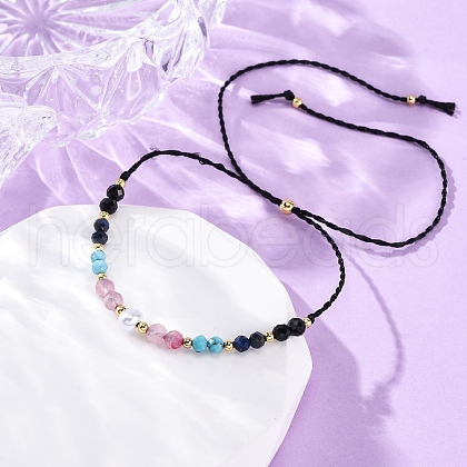 Faceted Round Turquoise & Natural Rose Quartz & Lapis Lazuli Braided Bead Bracelets BJEW-F493-09G-01-1