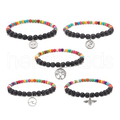Natural Lava Rock & Synthetic Turquoise(Dyed) Stretch Bracelet with Alloy Charm BJEW-JB08469-1