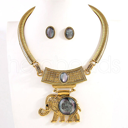 Elephant Alloy & Resin Pendant Necklaces & Stud Earring Sets FS-WG1F315-02-1