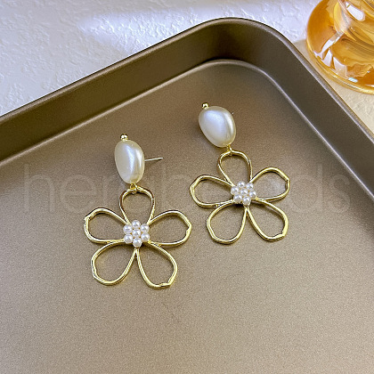 Flower Alloy Plastic Imitation Pearl Dangle Stud Earrings FS-WG6080C-01-1