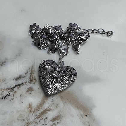 201 Stainless Steel Flower Embossed Heart Locket Pendant Necklaces FS-WG7690C-03-1