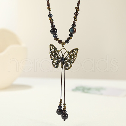Ethnic Style Butterfly Alloy & Porcelain Beads Pendant Long Necklaces for Women FS-WG12891-06-1