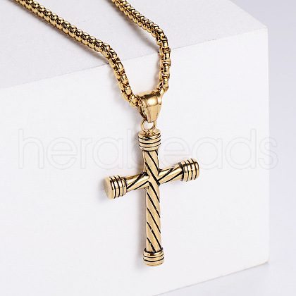 Retro Rock Punk Men's Striped Cross Stainless Steel Pendant Necklaces OM4275-2-1