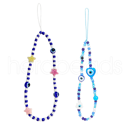 Olycraft 2Pcs 2 Style Evil Eye Glass Beaded Phone Lanyard AJEW-OC0004-10-1