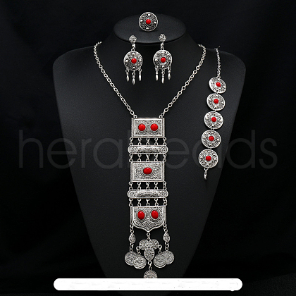 Rectangle Alloy with Resin Pendant Necklace & Stud Dangle Earring & Link Bracelet & Ring FS-WGB1F06-07-1