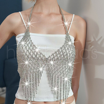 Alloy Full Crystal Rhinestone Mesh Chest Tassel Body Chains for Women FS-WGC0CE6-01-1