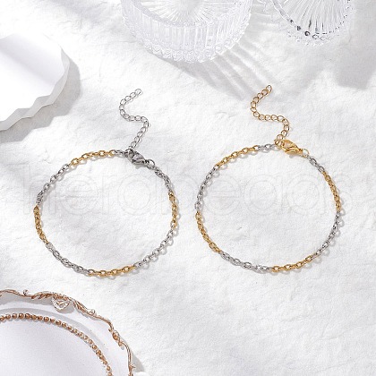 2Pcs 2 Colors Two Tone 304 Stainless Steel Textured Cable Chain Anklets AJEW-AN00681-1