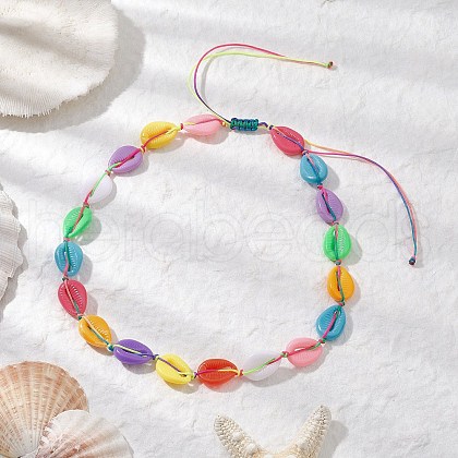 Summer Opaque Plastic Imitation Cowrie Shell Shape Braided Bead Adjustable Necklaces NJEW-JN05178-1