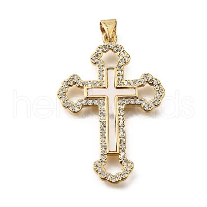 Brass Micro Pave Cubic Zirconia Shell Pendants KK-D328-26G-A-1