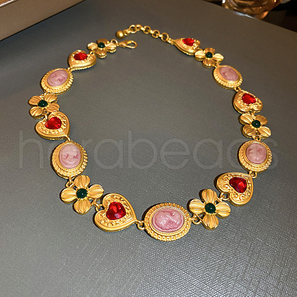 Medieval-Style Alloy Pave Colorful Resin Heart Flower Link Chain Choker Necklaces for Women FS-WG60C09-04-1
