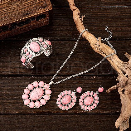 Oval Synthetic Turquoise Stud Earrings & Pendant Necklaces & Cuff Bangles FS-WG87EC0-01-1