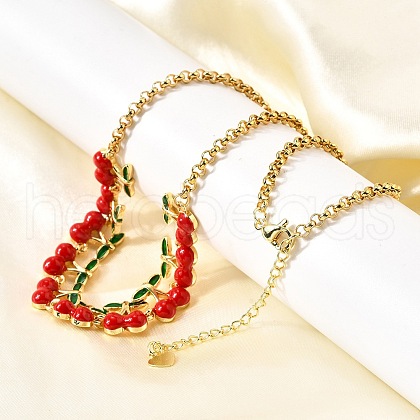 Brass Red Enamel Fruit Link Chain Necklaces NJEW-K287-04A-G-1