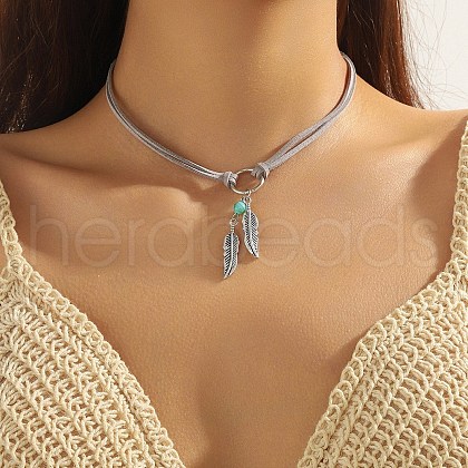 Bohemian Style Alloy Feather Charm & Synthetic Turquoise Pendant Choker Necklaces FS-WGABF31-05-1