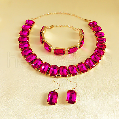 Alloy & Glass Rectangle Link Chain Necklaces & Bracelet & Dangle Earrings Sets FS-WGC2D75-08-1