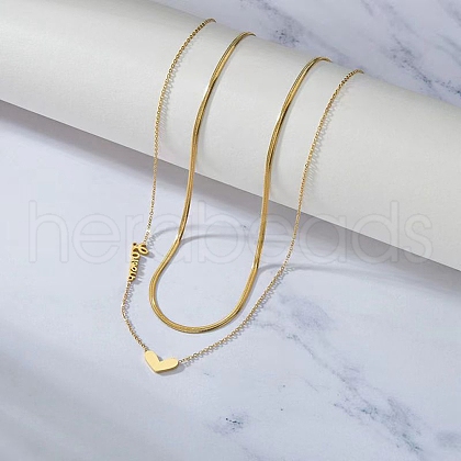 201 Stainless Steel Love Heart Pendant Double Layer Necklaces for Women NJEW-D307-03G-1