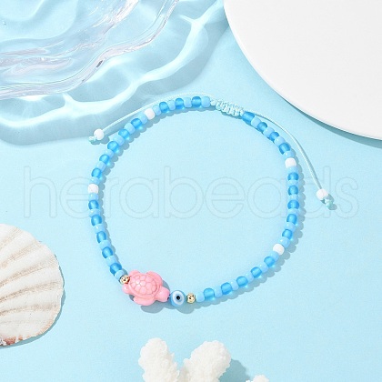 Pink Turtle Dyed Synthetic Turquoise & Glass Braided Beaded Adjustable Anklets AJEW-AN00677-1