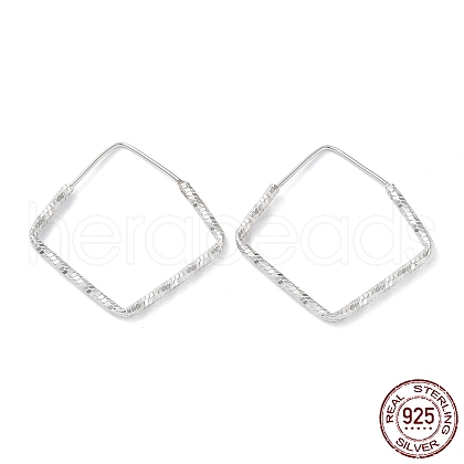 Rhodium Plated 925 Sterling Silver Textured Rhombus Hoop Earrings EJEW-K258-05P-1