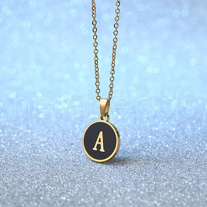 Alloy Black Enamel Flat Round with Letter Pendant Necklaces for Women WG4B845-01-1