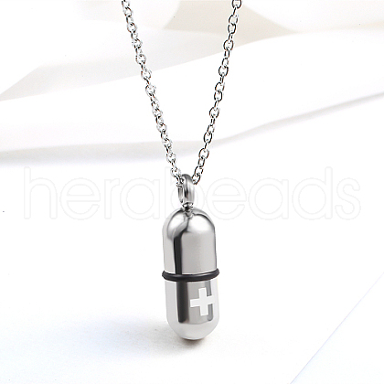 Non-Tarnish Medical Theme Pill Shape Stainless Steel Pendant Necklaces with Cable Chains JS1441-3-1