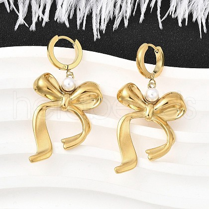 Bowknot 304 Stainless Steel Plstic Imitation Pearl Hoop Earrings for Women EJEW-U068-03G-1