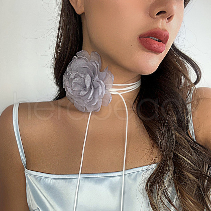Retro Cloth Rose Flower Waxed Cord Wrap Choker Necklaces for Women WG01AE5-14-1