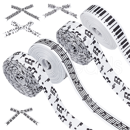   4 Rolls 4 Styles Polyester Musical Note & Piano Keys Printed Ribbon Sets OCOR-PH0004-65-1