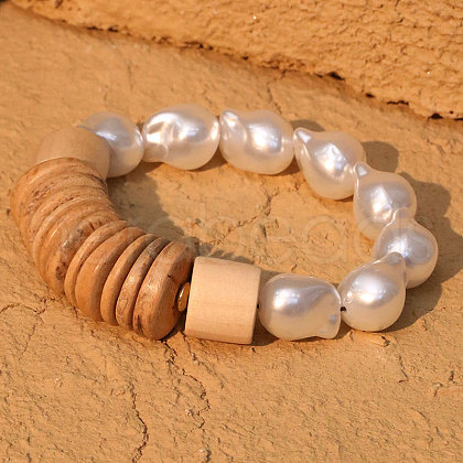Nuggets Plastic Pearl & Natural Coconut Beaded Stretch Bracelets for Women WGD2EAF-01-1