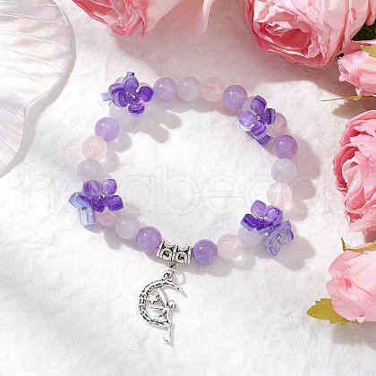 Natural Aquamarine & Rose Quartz & Amethyst Round Beaded Charm Bracelets BJEW-TA00615-01-1