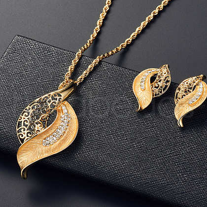 Leaf Alloy Rhinestone Pendant Necklaces & Stud Earrings Sets FS-WG55378-01-1