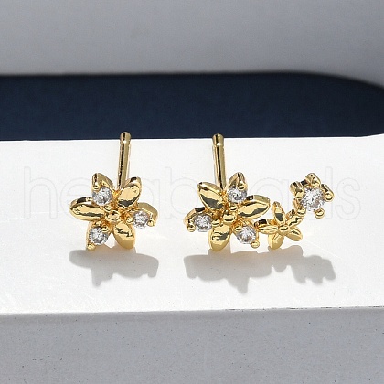 Flower Brass Micro Pave Clear Cubic Zirconin Stud Earrings EJEW-D318-05G-1