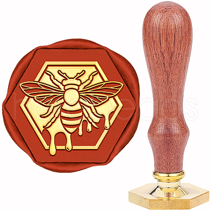 Hexagon Golden Tone Brass Wax Seal Stamp with Wood Handle AJEW-WH0375-0001-1