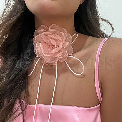 Retro Cloth Rose Flower Waxed Cord Wrap Choker Necklaces for Women WG01AE5-13-1