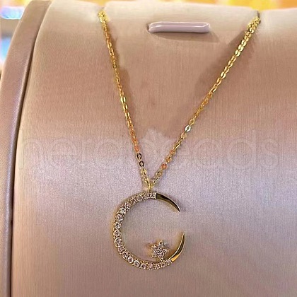 Brass Micro Pave Clear Cubic Zirconia Crescent Moon Star Pendant Necklaces for Women FS-WG2D574-01-1