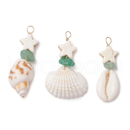 3Pcs 3 Styles Dyed Synthetic Turquoise Star & Natural Green Aventurine Chip & Natural Shell Pendants PALLOY-JF03691-1