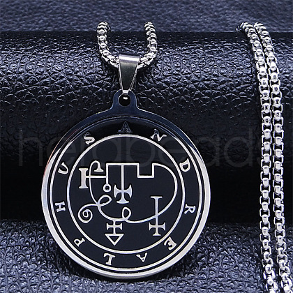 304 Stainless Steel Black Enamel Flat Round Sigil Pendant Necklaces NJEW-H065-14P-1
