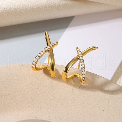 Brass Clear Cubic Zirconia Cross Stud Earrings EJEW-A134-02G-1