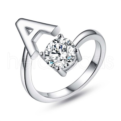 Anti-Tarnish Rhodium Plated 925 Sterling Silver Initial Letter Open Cuff Ring JR852A-1