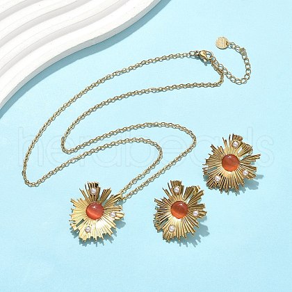 304 Stainless Steel Flower Pendant Necklaces & Stud Earrings Sets for Women SJEW-B020-03G-1