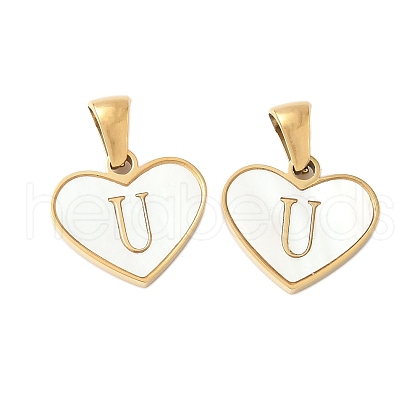 304 Stainless Steel Pave Natural White Shell Heart with Initial Slice Pendants STAS-R168-25G-U-1
