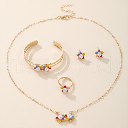 Flower Alloy Enamel Pendant Necklaces & Rings & Cuff Bangle & Stud Earrings Sets for Kids FS-WGD9166-01-1