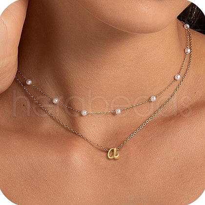 2Pcs 304 Stainless Steel & White Plastic Imitation Pearl Letter Pendant Double Layer Necklaces FS-WG86091-01-1