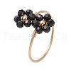 Flower Natural Rainbow Moonstone & Black Spinel Finger Rings RJEW-JR00777-3