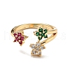 Colorful Cubic Zirconia Flower Open Cuff Ring RJEW-G251-12G-1