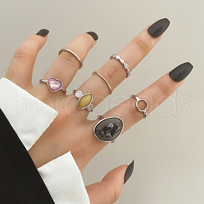 7Pcs Oval/Horse Eye/Heart Alloy Resin Finger Rings FS-WG08CD1-05-1