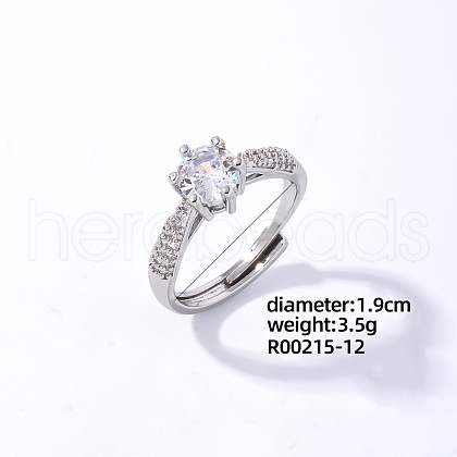 Mother's Day Rings Flat Round Platinum Brass Adjustable Ring with Cubic Zirconia EG7863-9-1