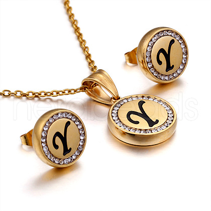 Flat Round with Letter Pattern 304 Stainless Steel Crystal Rhinestone Pendant Necklace & Stud Earring FS-WG33EDD-25-1