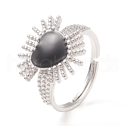 Black Cubic Zirconia Heart Sun Adjustable Ring RJEW-C028-03P-1